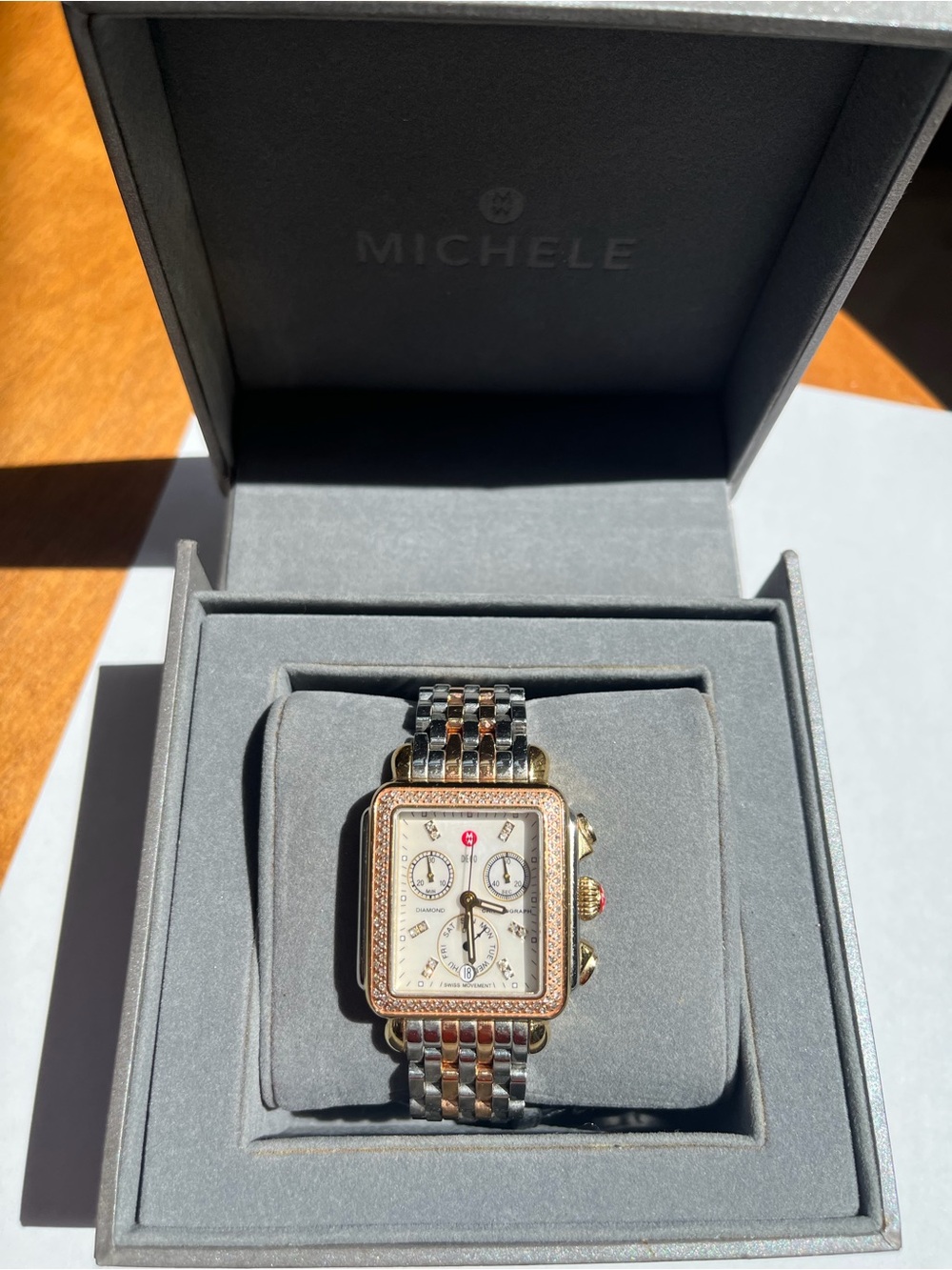 Michele Two-Tone Gold and Silver Chronograph Watch with Cream Dial